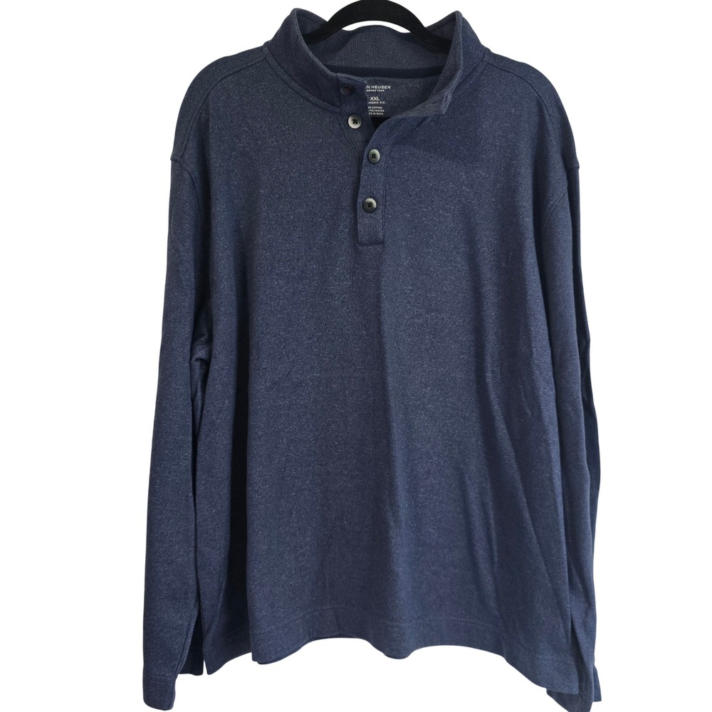 Van Heusen Never Tuck Mens XXL Classic Fit Navy Heather Quarter Button Henley